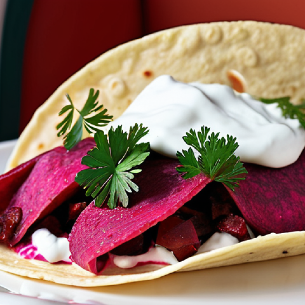 **A fusion taco featuring borscht elements.** Detailed view of a taco filled with marinated beets, sour cream, and dill.  The taco should have a vibrant and colorful presentation, highlighting the unexpected combination of Mexican and Russian cuisine.  In the background, a hint of a modern Moscow restaurant setting.