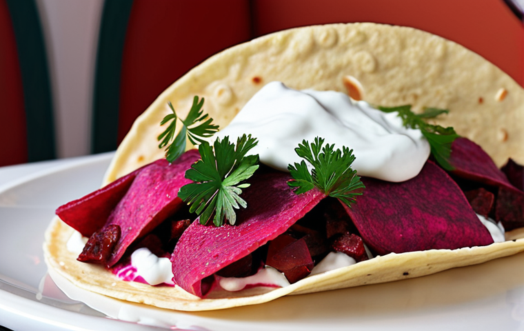 **A fusion taco featuring borscht elements.** Detailed view of a taco filled with marinated beets, sour cream, and dill.  The taco should have a vibrant and colorful presentation, highlighting the unexpected combination of Mexican and Russian cuisine.  In the background, a hint of a modern Moscow restaurant setting.