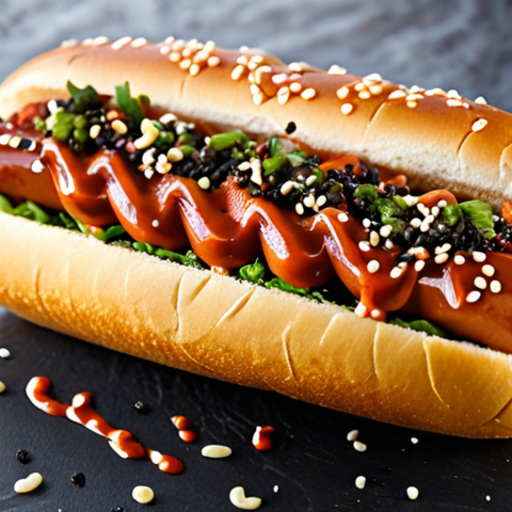 **Prompt 1: Asian Fusion Hot Dog**
    A close-up, top-down shot of a gourmet fusion hot dog, generously topped with vibrant red kimchi, a drizzle of creamy sriracha mayonnaise, and a sprinkle of black sesame seeds, nestled in a perfectly toasted bun. The hot dog shows off a rich teriyaki glaze. The background features a bustling, yet blurred, street food market with soft, inviting lights. Professional food photography, studio lighting, high resolution, detailed textures, sharp focus, perfectly rendered food, safe for work, appropriate content, family-friendly.