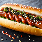 **Prompt 1: Asian Fusion Hot Dog**
    A close-up, top-down shot of a gourmet fusion hot dog, generously topped with vibrant red kimchi, a drizzle of creamy sriracha mayonnaise, and a sprinkle of black sesame seeds, nestled in a perfectly toasted bun. The hot dog shows off a rich teriyaki glaze. The background features a bustling, yet blurred, street food market with soft, inviting lights. Professional food photography, studio lighting, high resolution, detailed textures, sharp focus, perfectly rendered food, safe for work, appropriate content, family-friendly.
