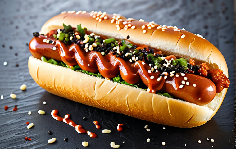 **Prompt 1: Asian Fusion Hot Dog**
    A close-up, top-down shot of a gourmet fusion hot dog, generously topped with vibrant red kimchi, a drizzle of creamy sriracha mayonnaise, and a sprinkle of black sesame seeds, nestled in a perfectly toasted bun. The hot dog shows off a rich teriyaki glaze. The background features a bustling, yet blurred, street food market with soft, inviting lights. Professional food photography, studio lighting, high resolution, detailed textures, sharp focus, perfectly rendered food, safe for work, appropriate content, family-friendly.