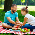 **

A family-friendly picnic scene in a sunny park in Moscow. A father and daughter are assembling healthy burgers.  The burger buns are whole wheat. The patties are grilled turkey.  Visible ingredients include fresh lettuce, sliced tomatoes, avocado slices, and a bowl of homemade yogurt-dill sauce.  Everything is presented on a checkered picnic blanket. Focus on bright, natural lighting and a feeling of wholesome family fun.  Safe for work, appropriate content, fully clothed, professional, modest.  Perfect anatomy, correct proportions, natural pose, well-formed hands, proper finger count, natural body proportions.

**