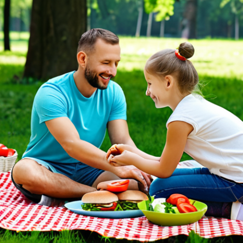 **

A family-friendly picnic scene in a sunny park in Moscow. A father and daughter are assembling healthy burgers.  The burger buns are whole wheat. The patties are grilled turkey.  Visible ingredients include fresh lettuce, sliced tomatoes, avocado slices, and a bowl of homemade yogurt-dill sauce.  Everything is presented on a checkered picnic blanket. Focus on bright, natural lighting and a feeling of wholesome family fun.  Safe for work, appropriate content, fully clothed, professional, modest.  Perfect anatomy, correct proportions, natural pose, well-formed hands, proper finger count, natural body proportions.

**