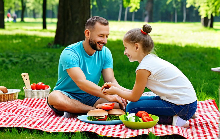 **

A family-friendly picnic scene in a sunny park in Moscow. A father and daughter are assembling healthy burgers.  The burger buns are whole wheat. The patties are grilled turkey.  Visible ingredients include fresh lettuce, sliced tomatoes, avocado slices, and a bowl of homemade yogurt-dill sauce.  Everything is presented on a checkered picnic blanket. Focus on bright, natural lighting and a feeling of wholesome family fun.  Safe for work, appropriate content, fully clothed, professional, modest.  Perfect anatomy, correct proportions, natural pose, well-formed hands, proper finger count, natural body proportions.

**