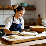 Rustic Pizza Preparation**

"A cozy kitchen scene. A woman with a warm smile, fully clothed in a modest apron and chef's attire, prepares pizza dough using alternative flours. Various bowls of colorful flours (corn, buckwheat, rice, almond, chickpea) are scattered around. Rolling pin, wooden board, safe for work, appropriate content, professional kitchen setting, perfect anatomy, natural proportions, family-friendly."

**