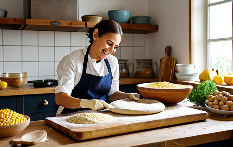 Rustic Pizza Preparation**
"A cozy kitchen scene. A woman with a warm smile, fully clothed in a modest apron and chef's attire, prepares pizza dough using alternative flours. Various bowls of colorful flours (corn, buckwheat, rice, almond, chickpea) are scattered around. Rolling pin, wooden board, safe for work, appropriate content, professional kitchen setting, perfect anatomy, natural proportions, family-friendly."
**