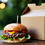 Close-up of a Burger Package**

"A beautifully crafted burger, still in its takeout packaging, sitting on a rustic wooden table. Focus on the textures of the burger box, glimpses of the burger inside, and some spilled sauce. Bokeh effect in the background. The scene should evoke anticipation and culinary delight. Safe for work, appropriate content, professional, fully clothed, perfect composition, high-resolution."

**
