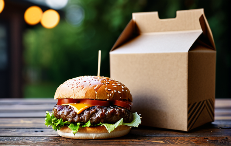 Close-up of a Burger Package**
"A beautifully crafted burger, still in its takeout packaging, sitting on a rustic wooden table. Focus on the textures of the burger box, glimpses of the burger inside, and some spilled sauce. Bokeh effect in the background. The scene should evoke anticipation and culinary delight. Safe for work, appropriate content, professional, fully clothed, perfect composition, high-resolution."
**