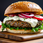 **Prompt:** "A close-up professional food photography shot of a fusion burger featuring a deer meat patty seasoned with traditional Russian spices, served on a whole-grain rye bun with pickled cucumbers and a homemade yogurt-based sauce. The burger is on a wooden board, surrounded by fresh dill and locally sourced radishes. Safe for work, appropriate content, fully clothed culinary scene, perfect anatomy of the burger layers, natural proportions, professional, modest, family-friendly.  High quality, 8k resolution, food photography, safe for work, appropriate content."