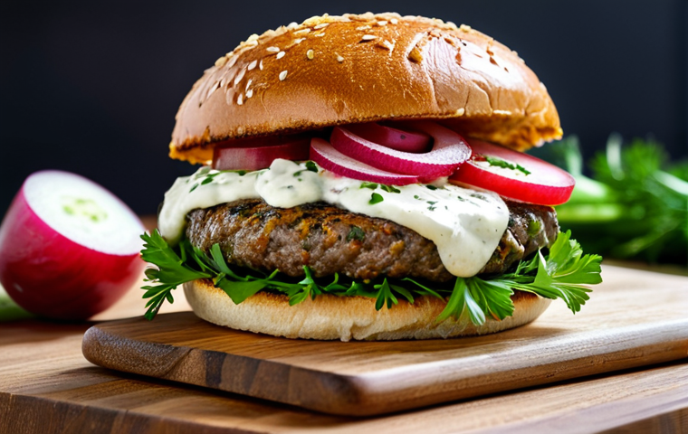 **Prompt:** "A close-up professional food photography shot of a fusion burger featuring a deer meat patty seasoned with traditional Russian spices, served on a whole-grain rye bun with pickled cucumbers and a homemade yogurt-based sauce. The burger is on a wooden board, surrounded by fresh dill and locally sourced radishes. Safe for work, appropriate content, fully clothed culinary scene, perfect anatomy of the burger layers, natural proportions, professional, modest, family-friendly. High quality, 8k resolution, food photography, safe for work, appropriate content."