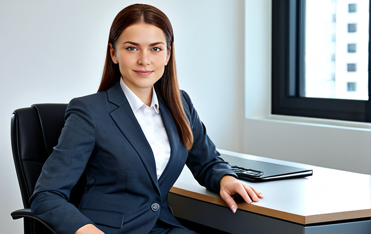 퓨전 타코 배달 비교 - Professional Businesswoman**
"A professional businesswoman in a modest business suit, sitting at a ...