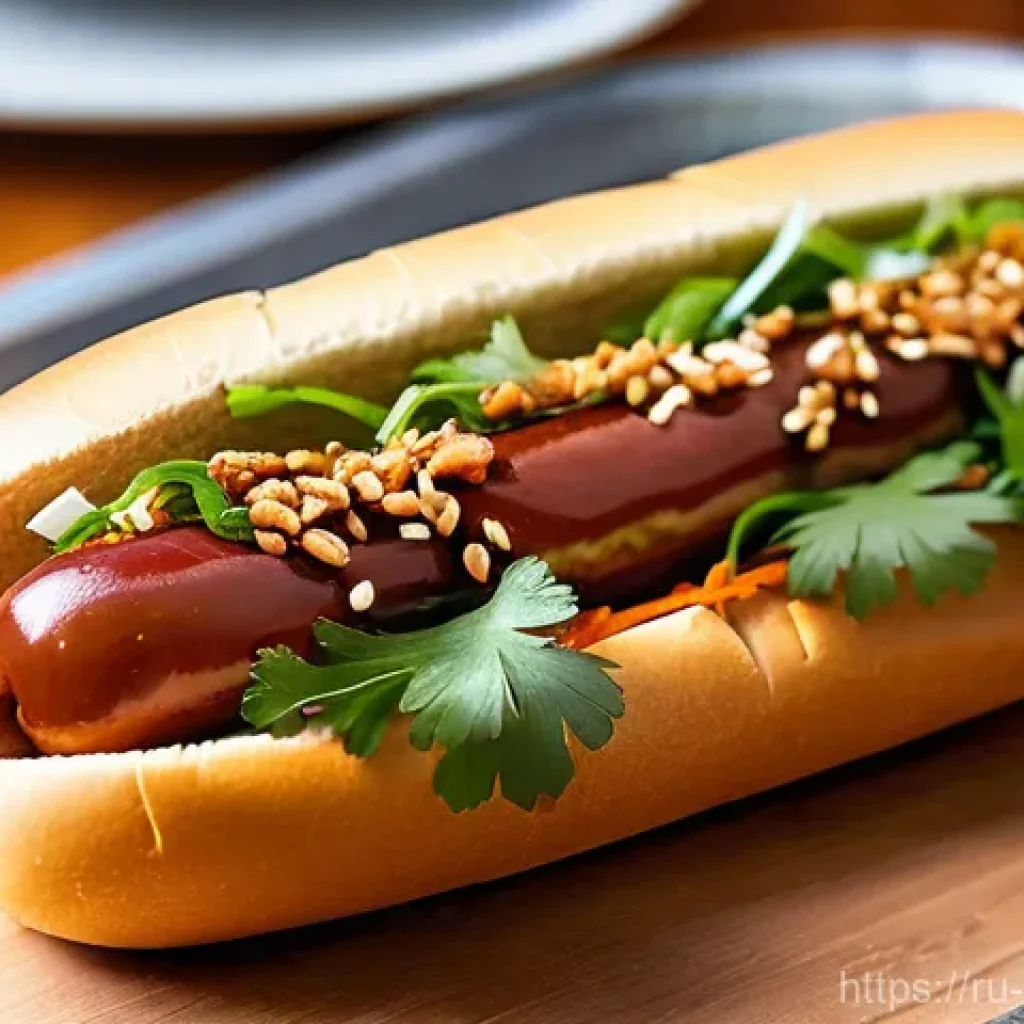 퓨전 핫도그의 간편 조리법 - **Prompt for "Asian Dream Hot Dog":**
A close-up, high-angle shot of a gourmet "Asian Dream" hot...