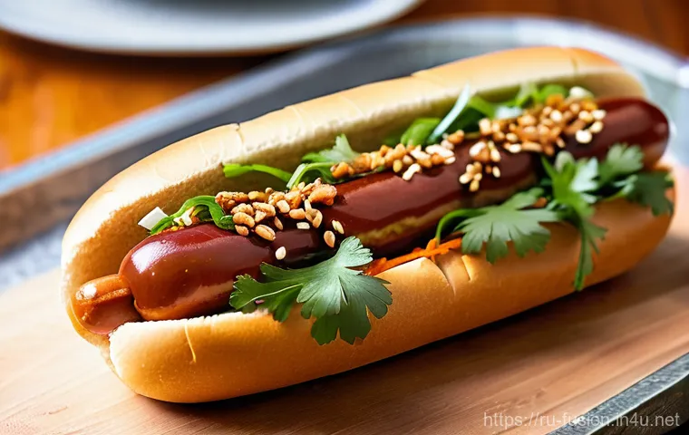 퓨전 핫도그의 간편 조리법 - **Prompt for "Asian Dream Hot Dog":**
A close-up, high-angle shot of a gourmet "Asian Dream" hot...