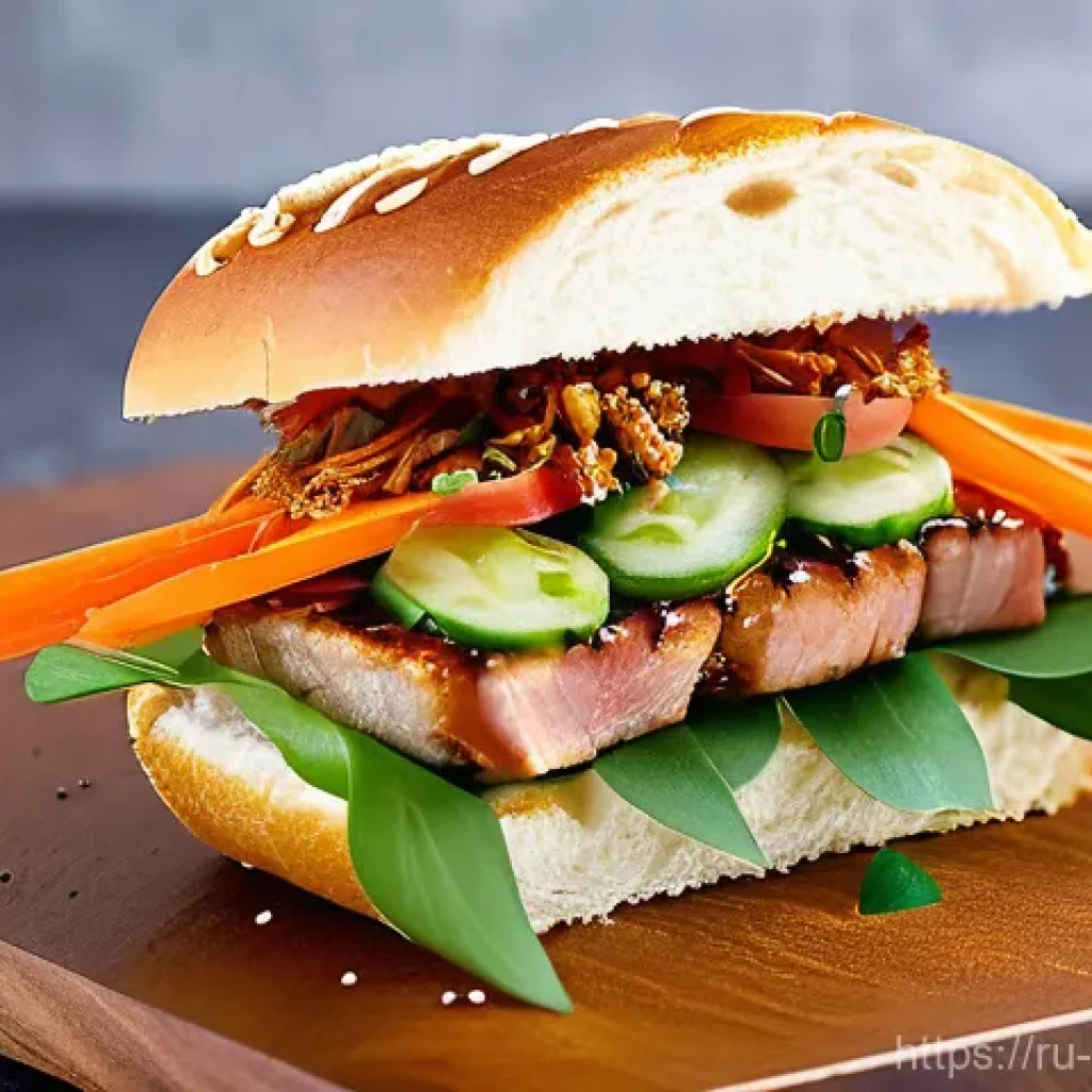 퓨전 샌드위치 지역별 인기 메뉴 - **"Moscow Culinary Innovation: Asian-Russian Fusion Sandwich"**
    A close-up, high-definition phot...