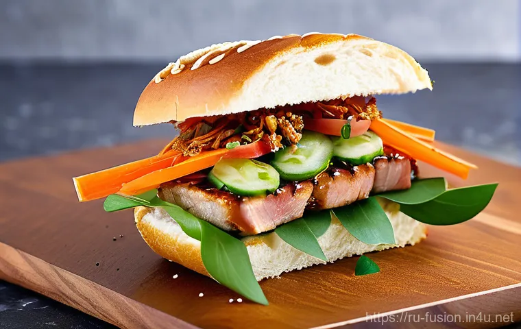퓨전 샌드위치 지역별 인기 메뉴 - **"Moscow Culinary Innovation: Asian-Russian Fusion Sandwich"**
    A close-up, high-definition phot...