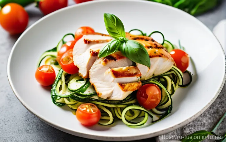 퓨전 치킨의 다이어트 버전 - A beautifully composed image of a healthy fusion chicken dish. The centerpiece is a perfectly baked ...