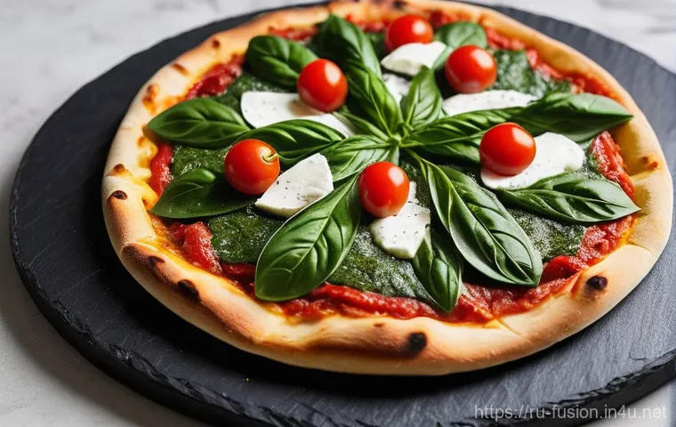 퓨전 피자 크러스트 영양 성분 - **Prompt:** A family-sized, round cauliflower crust pizza, perfectly golden brown and slightly rusti...