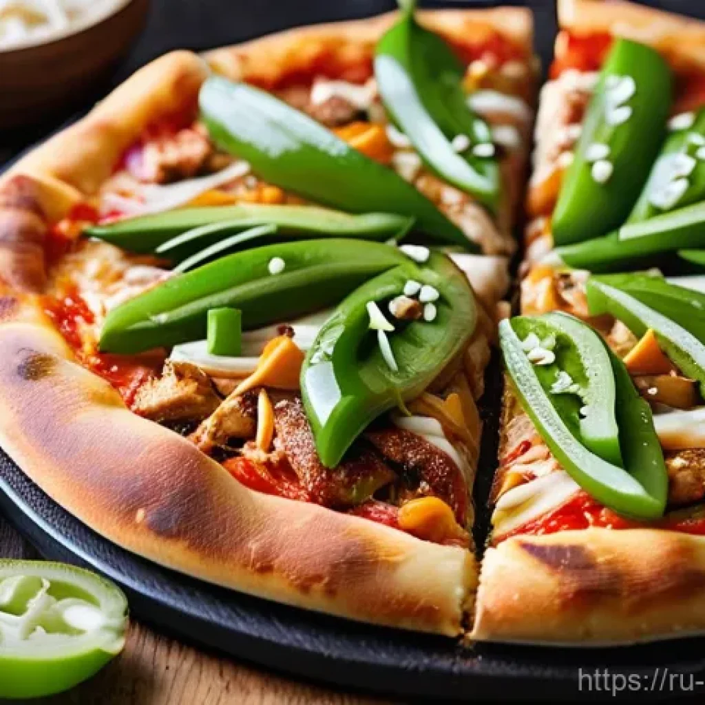 퓨전 피자 간편 조리법 - **"A close-up, high-angle shot of a vibrant Teriyaki Chicken Fusion Pizza, freshly out of a hot oven...