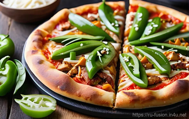 퓨전 피자 간편 조리법 - **"A close-up, high-angle shot of a vibrant Teriyaki Chicken Fusion Pizza, freshly out of a hot oven...