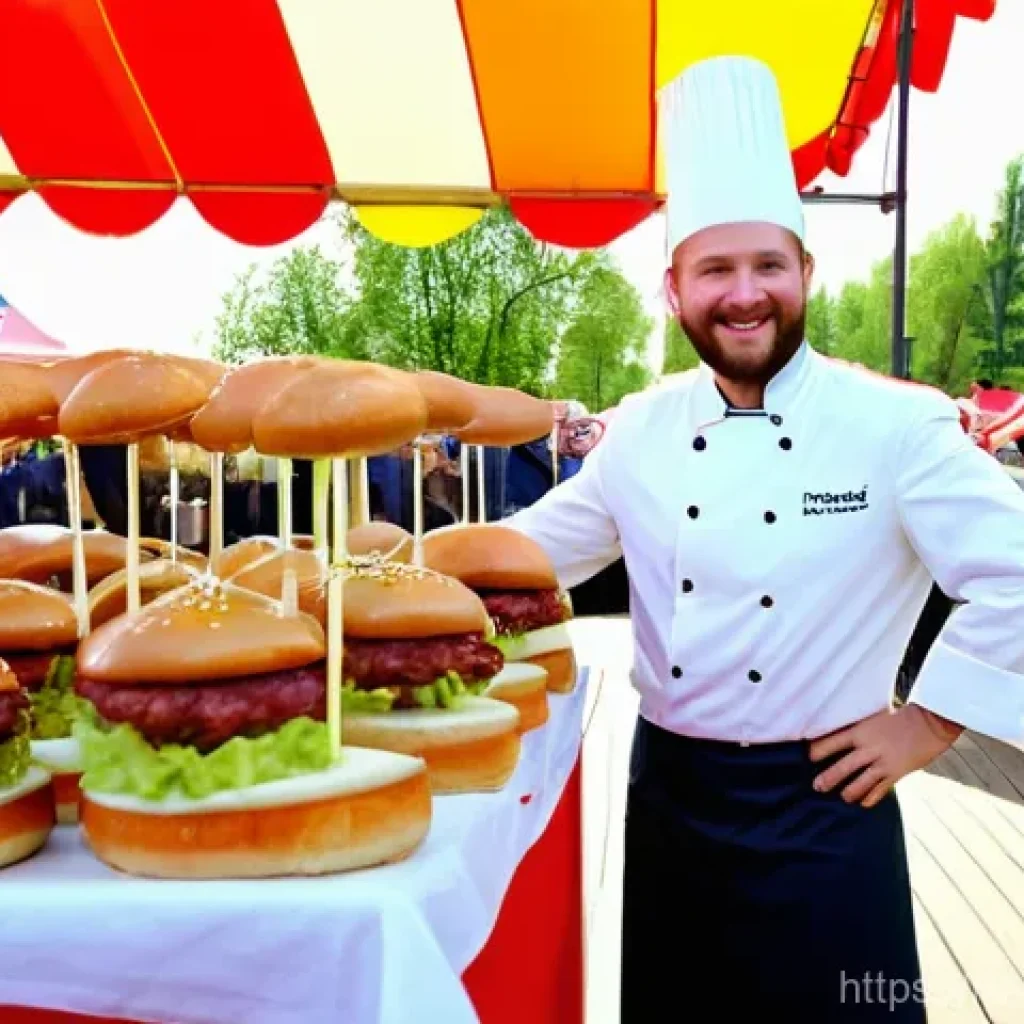 퓨전 버거 지역 축제 인기 메뉴 - A vibrant, high-angle shot capturing a lively Russian gastronomic festival, possibly "Burgerfest" in...
