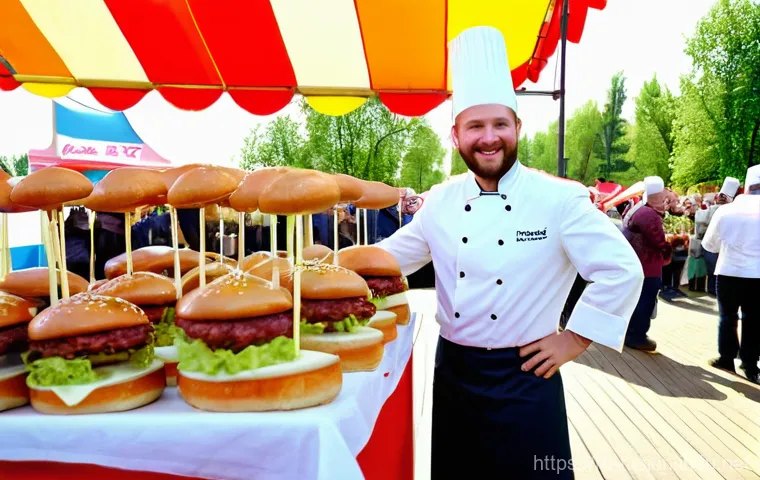 퓨전 버거 지역 축제 인기 메뉴 - A vibrant, high-angle shot capturing a lively Russian gastronomic festival, possibly "Burgerfest" in...