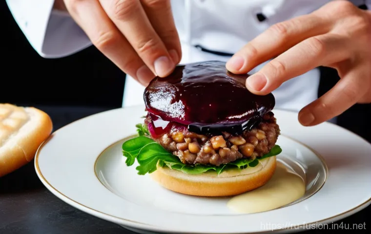 퓨전 버거 지역 축제 인기 메뉴 - A close-up, studio-quality shot of an exquisite "Asian Accent" burger, showcasing intricate details....