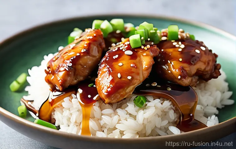 퓨전 치킨 글로벌 레시피 트렌드 - **Prompt:** A close-up, top-down shot of succulent, golden-brown chicken thighs coated in a glossy, ...