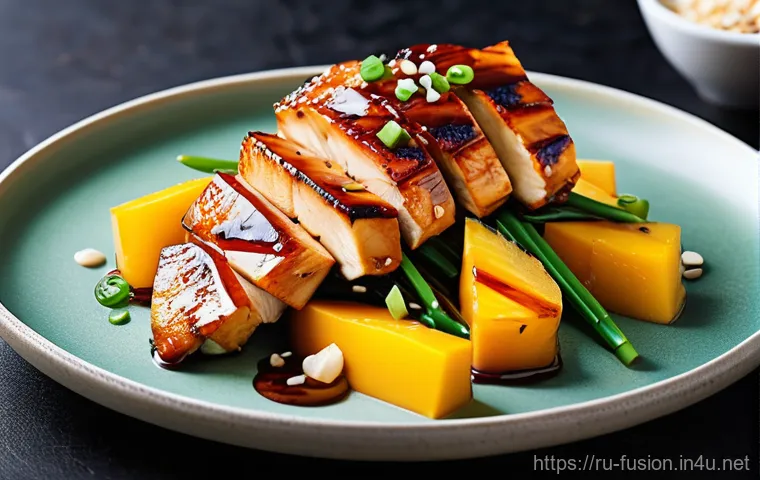 퓨전 치킨 배달 플랫폼 비교 - A stunning, high-definition close-up photograph of a vibrant fusion chicken dish, artfully arranged ...