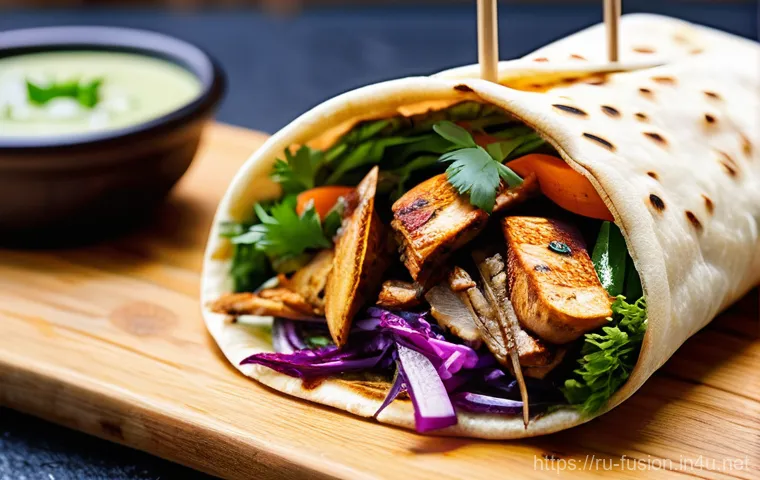 퓨전 패스트푸드 할랄 인증 제품 - **Prompt:** A close-up shot of a gourmet Halal Fusion shawarma, beautifully presented on a rustic wo...