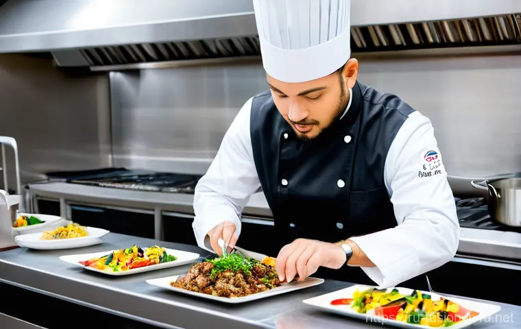 퓨전 패스트푸드 할랄 인증 제품 - **Prompt:** A lively and heartwarming scene inside a contemporary Halal Fusion cafe in a city like K...