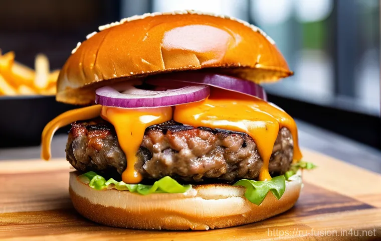 퓨전 패스트푸드 대체육 사용 현황 - **Prompt:** A vibrant, mouth-watering close-up of a gourmet plant-based burger served on a rustic wo...