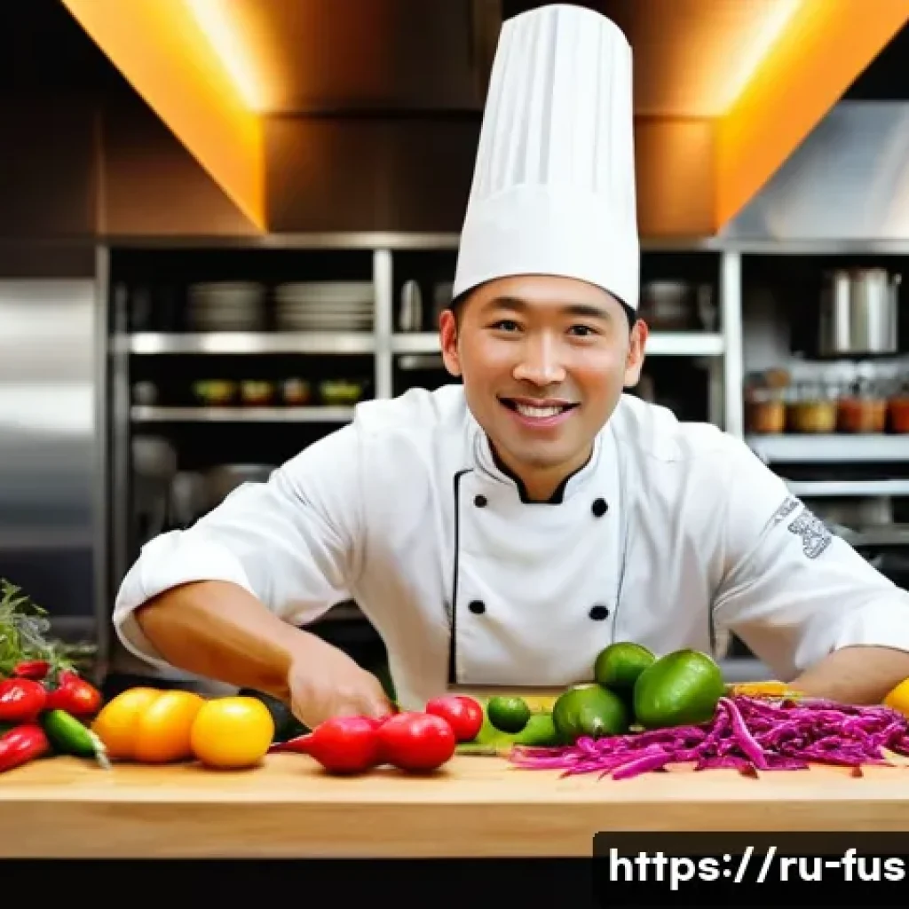 퓨전 패스트푸드의 글로벌 소싱 - **The Culinary Explorer's Dream:** A highly detailed, cinematic shot of a passionate chef in a moder...