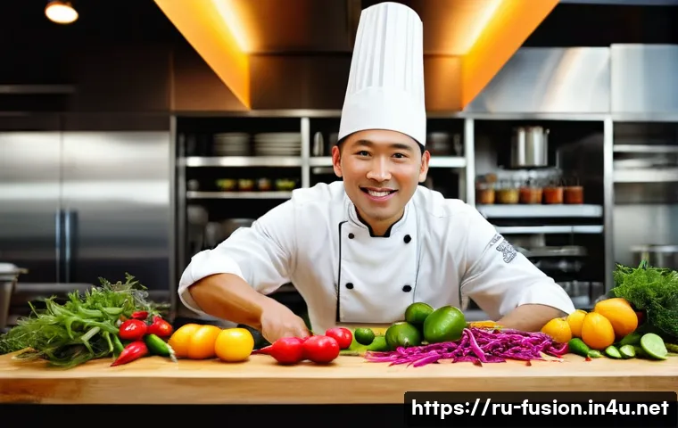 퓨전 패스트푸드의 글로벌 소싱 - **The Culinary Explorer's Dream:** A highly detailed, cinematic shot of a passionate chef in a moder...