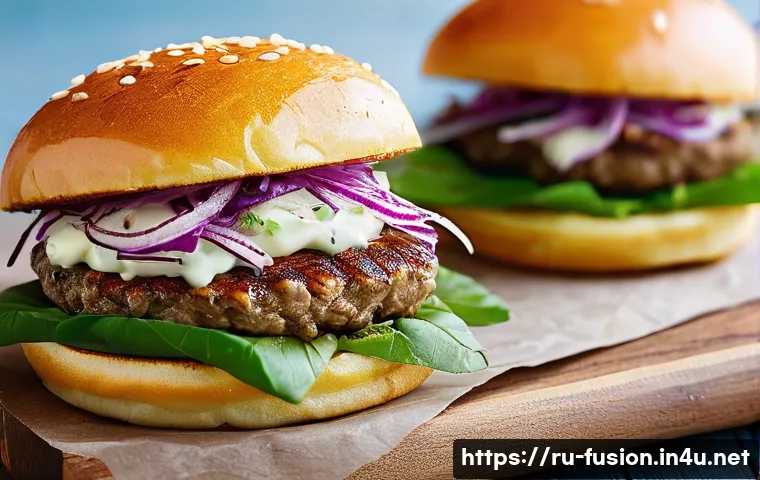 퓨전 패스트푸드와 지역 재료 - **Prompt 1: "Kystyburger" - Russian Fusion Fast Food Marvel**
A high-resolution, appetizing clos...