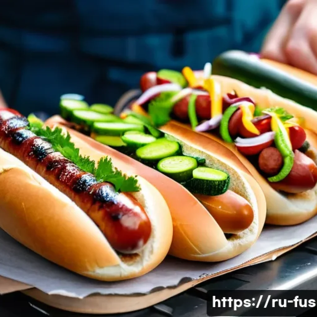 퓨전 핫도그의 대중화 과정 - A vibrant street food festival scene in Moscow featuring fusion hot dogs with smoked sausage and fre...