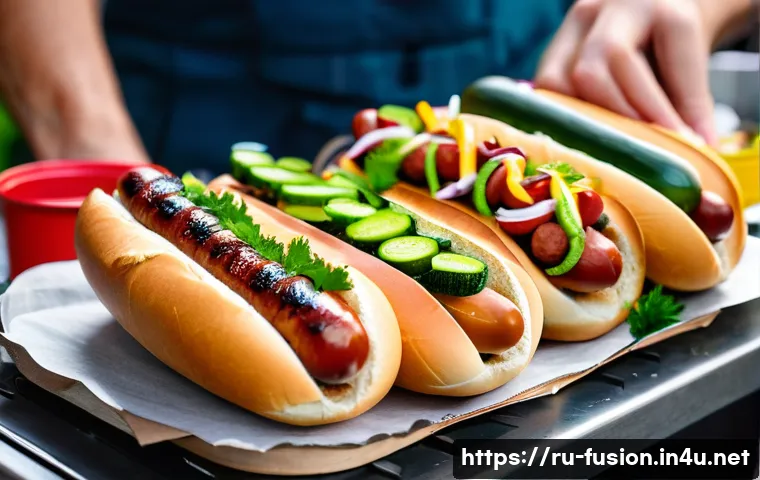 퓨전 핫도그의 대중화 과정 - A vibrant street food festival scene in Moscow featuring fusion hot dogs with smoked sausage and fre...