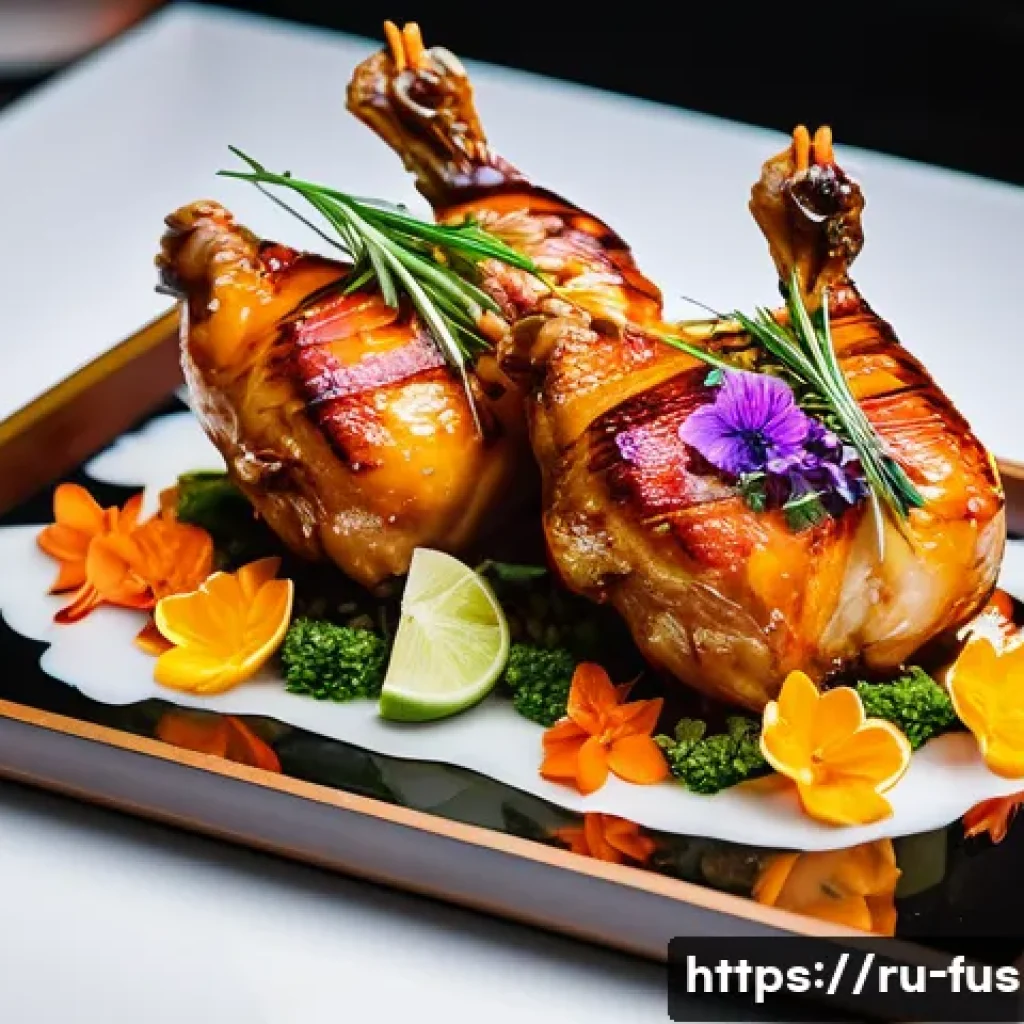 퓨전 치킨의 글로벌 성공 사례 - A vibrant fusion chicken dish plated elegantly on a transparent glass plate, featuring grilled chick...