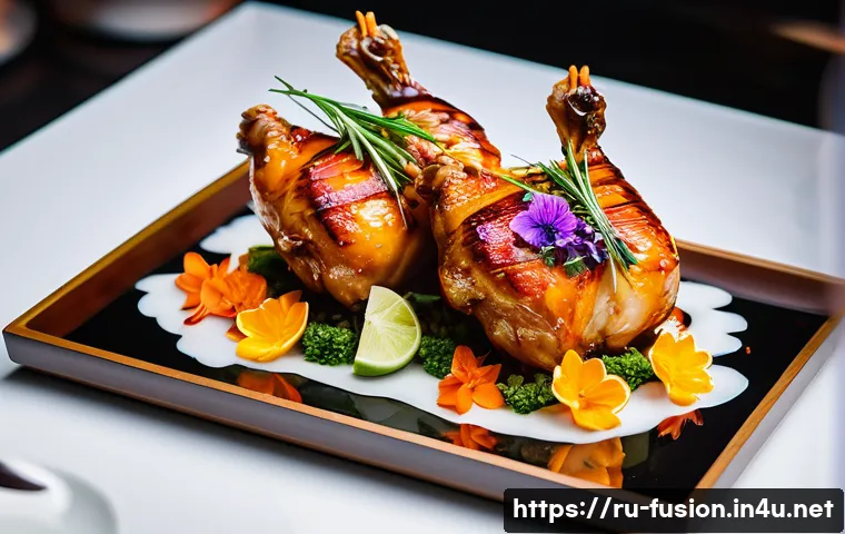 퓨전 치킨의 글로벌 성공 사례 - A vibrant fusion chicken dish plated elegantly on a transparent glass plate, featuring grilled chick...