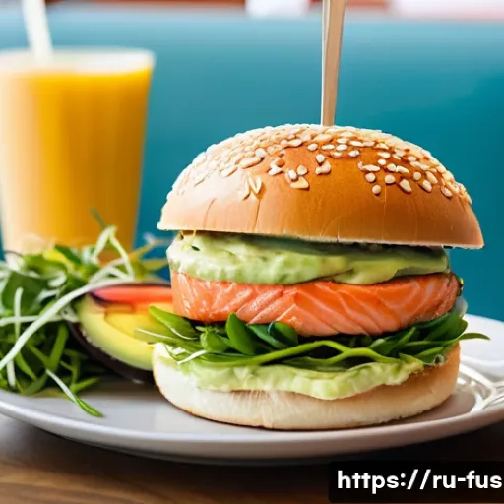 퓨전 패스트푸드 SNS 인기 메뉴 - A vibrant fusion fast food scene in Moscow featuring a gourmet burger with fresh salmon, creamy avoc...