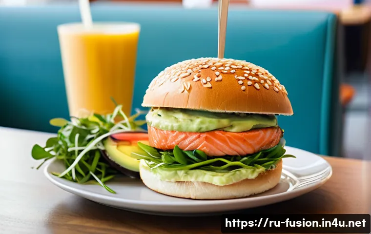 퓨전 패스트푸드 SNS 인기 메뉴 - A vibrant fusion fast food scene in Moscow featuring a gourmet burger with fresh salmon, creamy avoc...