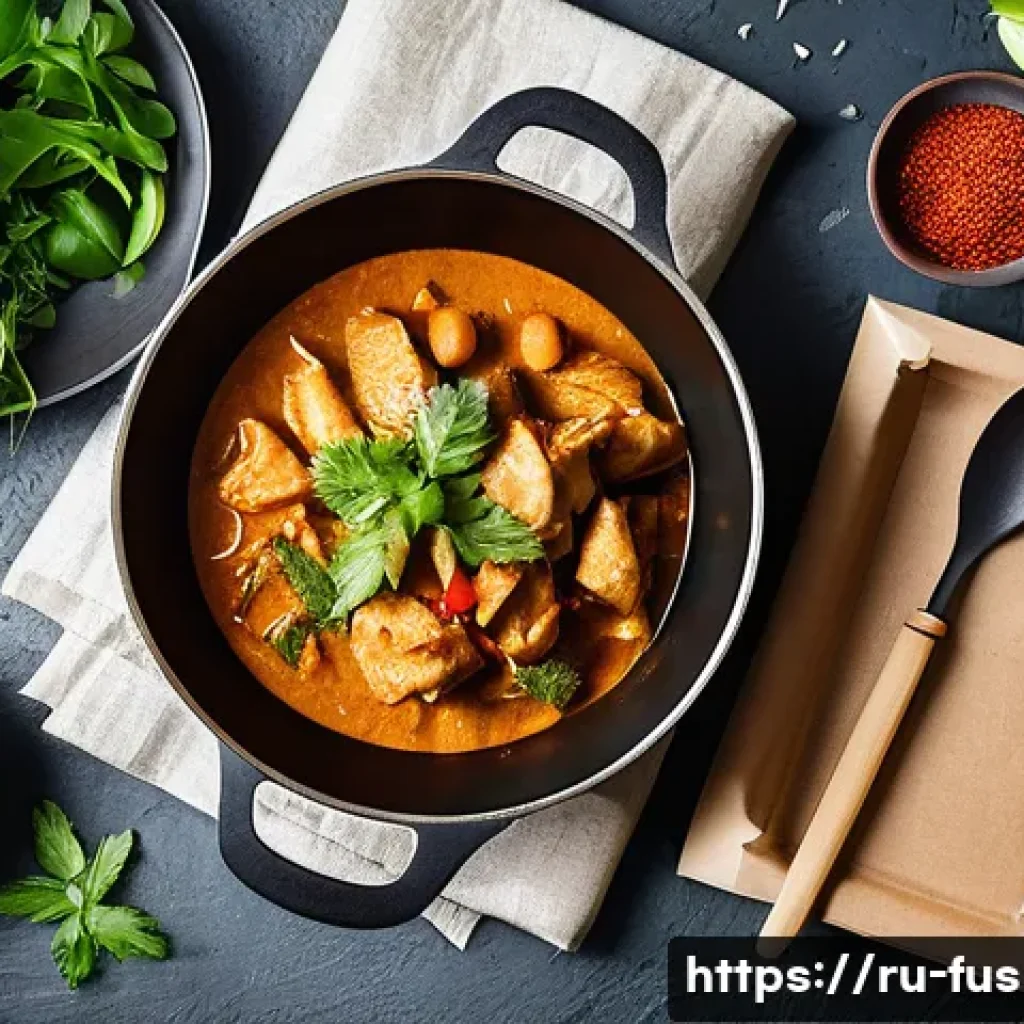 퓨전 패스트푸드 밀키트 리뷰 - A vibrant fusion meal kit setup on a rustic wooden table, featuring a colorful dish of chicken curry...