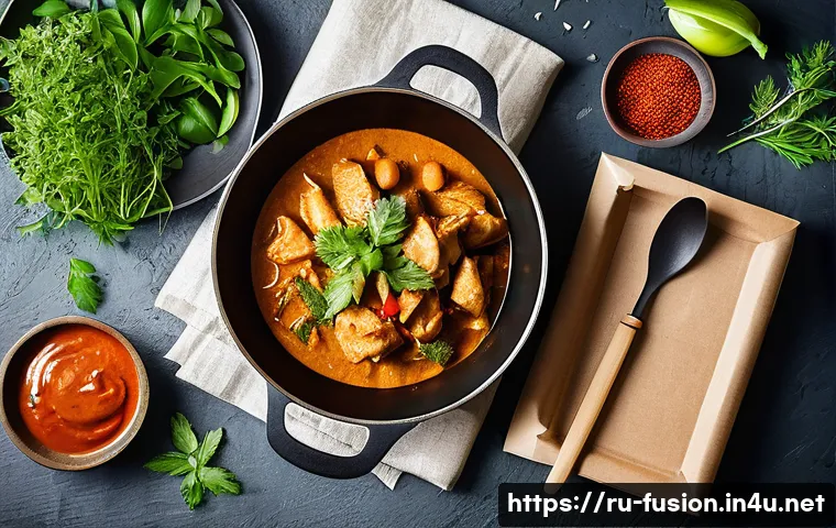 퓨전 패스트푸드 밀키트 리뷰 - A vibrant fusion meal kit setup on a rustic wooden table, featuring a colorful dish of chicken curry...