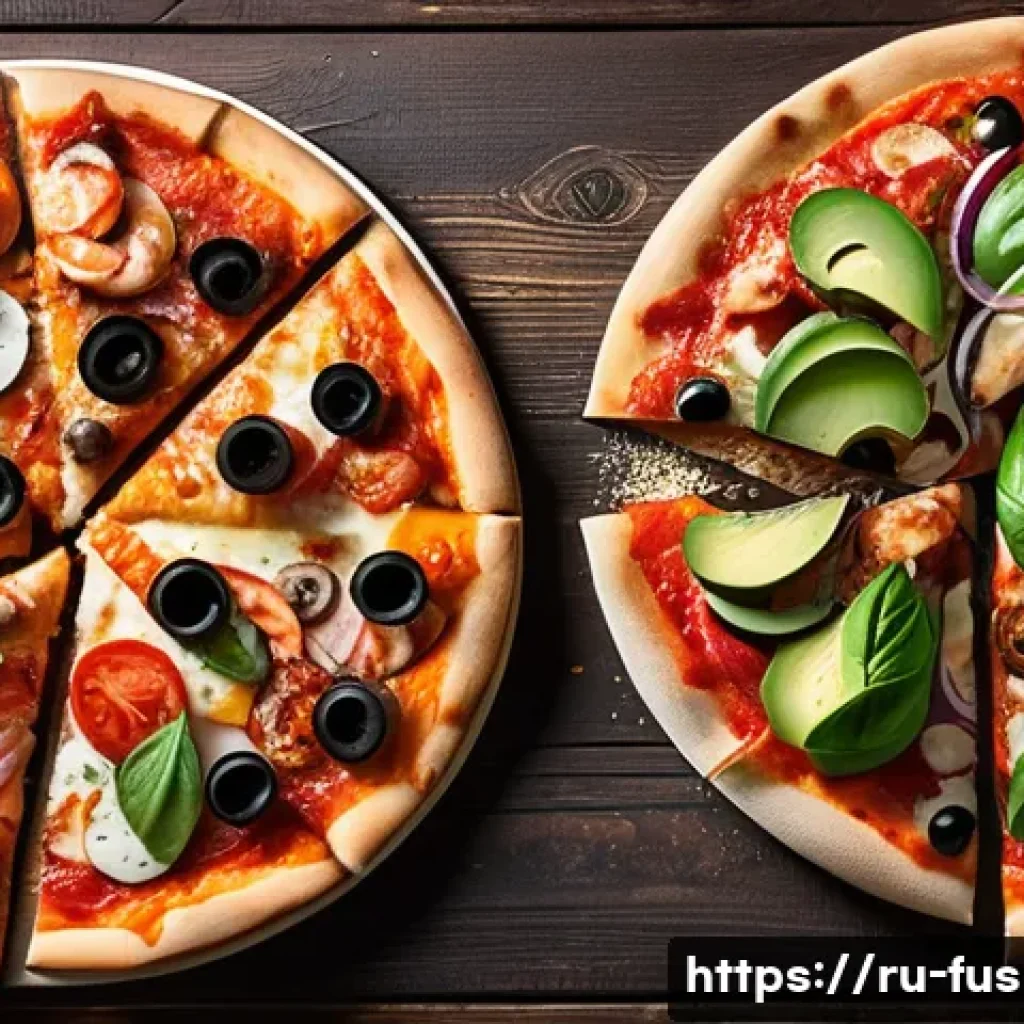 퓨전 피자 크기별 영양 성분 - A detailed top-down view of three fusion pizzas of different sizes (small 20 cm, medium 30 cm, and l...
