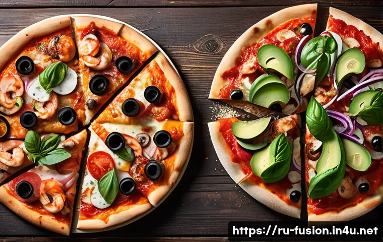 퓨전 피자 크기별 영양 성분 - A detailed top-down view of three fusion pizzas of different sizes (small 20 cm, medium 30 cm, and l...