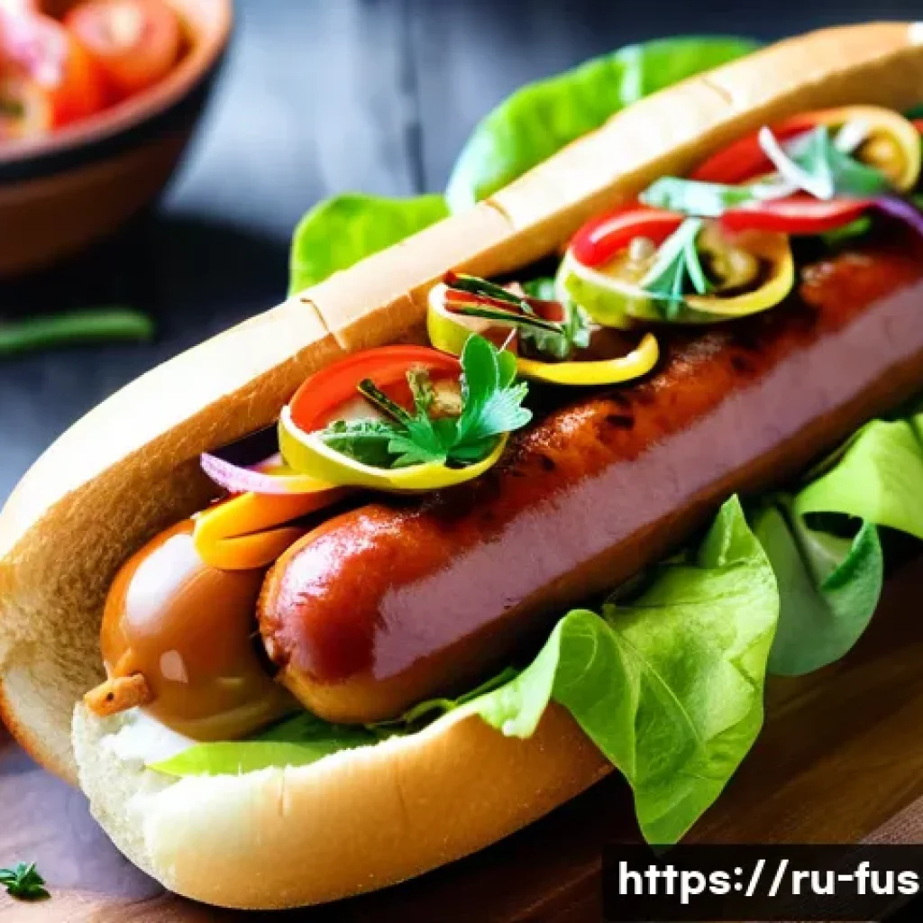 퓨전 핫도그 간단 레시피 - A gourmet fusion hot dog on a rustic wooden platter, featuring a soft toasted bun with a slight gold...