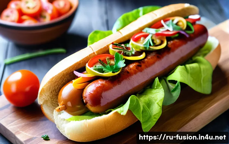 퓨전 핫도그 간단 레시피 - A gourmet fusion hot dog on a rustic wooden platter, featuring a soft toasted bun with a slight gold...