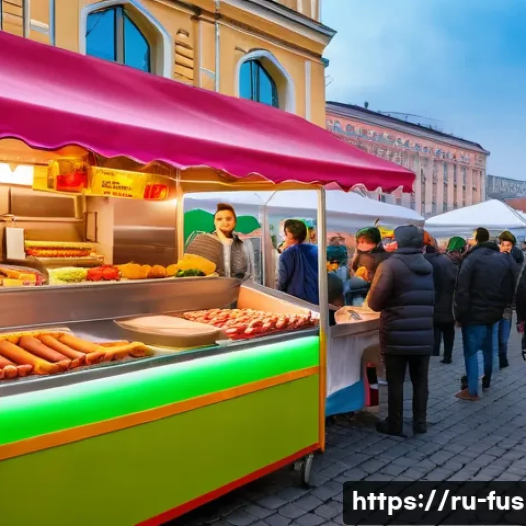퓨전 핫도그의 할랄 인증 제품 - A vibrant street food scene at a bustling Moscow market featuring a colorful fusion halal hot dog st...
