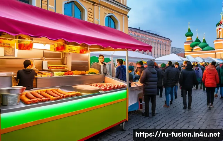 퓨전 핫도그의 할랄 인증 제품 - A vibrant street food scene at a bustling Moscow market featuring a colorful fusion halal hot dog st...