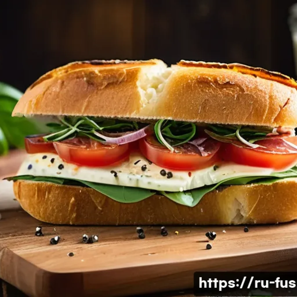 퓨전 샌드위치 제조 방법 - A vibrant fusion sandwich featuring toasted ciabatta bread with a crispy golden crust, layered with ...