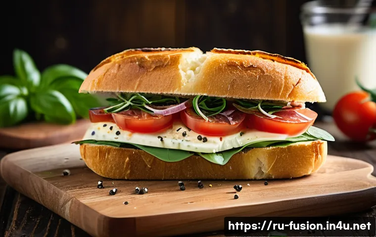 퓨전 샌드위치 제조 방법 - A vibrant fusion sandwich featuring toasted ciabatta bread with a crispy golden crust, layered with ...
